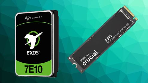 Disco duro Seagate Exos 7E10 y unidad SSD Crucial P510 sobre fondo geométrico verde.