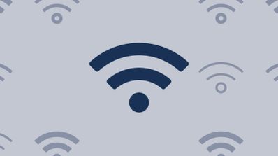Símbolo de conexión Wi-Fi azul sobre fondo con patrón de ondas inalámbricas.