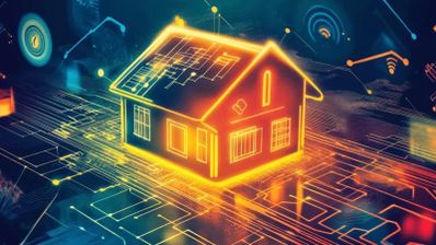 Ilustración conceptual de una casa inteligente con silueta luminosa sobre un fondo de circuitos electrónicos y señales inalámbricas.