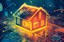 Ilustración conceptual de una casa inteligente con silueta luminosa sobre un fondo de circuitos electrónicos y señales inalámbricas.