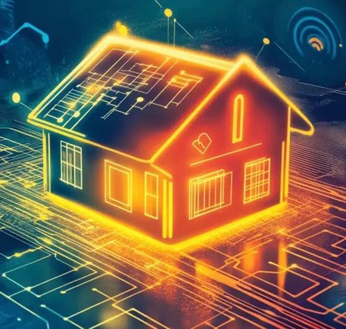 Ilustración conceptual de una casa inteligente con silueta luminosa sobre un fondo de circuitos electrónicos y señales inalámbricas.