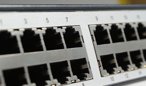 Primer plano de los conectores RJ45 numerados en un switch de red ethernet.