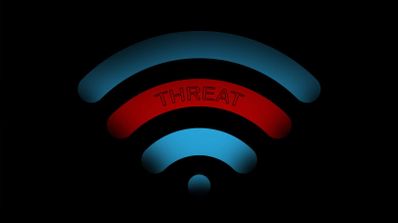 Icono de señal Wi-Fi sobre fondo negro con una de sus ondas en color rojo y la palabra Threat escrita.