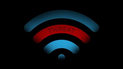Icono de señal Wi-Fi sobre fondo negro con una de sus ondas en color rojo y la palabra Threat escrita.