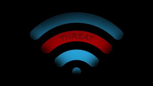 Icono de señal Wi-Fi sobre fondo negro con una de sus ondas en color rojo y la palabra Threat escrita.