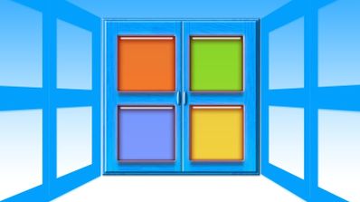 Ilustración de una ventana azul abierta con cuatro cristales de colores naranja, verde, azul y amarillo en el centro.
