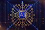 Representación gráfica de un chip dorado con las siglas AI sobre un fondo azul de servidores de datos.