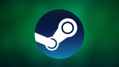 Logotipo de Steam en blanco sobre un círculo azul degradado con fondo verde desenfocado.
