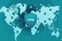 Mapa del mundo con un escudo central que indica VPN y puntos de conexión interconectados.