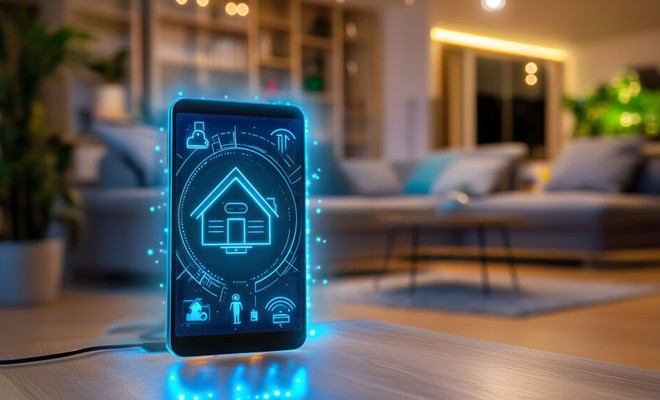 Smartphone con una interfaz gráfica de domótica en pantalla sobre una mesa de salón.