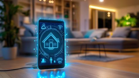 Smartphone con una interfaz gráfica de domótica en pantalla sobre una mesa de salón.