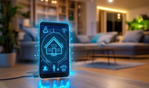Smartphone con una interfaz gráfica de domótica en pantalla sobre una mesa de salón.