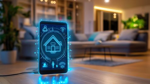 Teléfono móvil en primer plano que muestra en su pantalla gráficos azules iluminados de una vivienda inteligente, con un salón desenfocado de fondo.