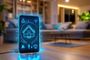 Teléfono móvil en primer plano que muestra en su pantalla gráficos azules iluminados de una vivienda inteligente, con un salón desenfocado de fondo.
