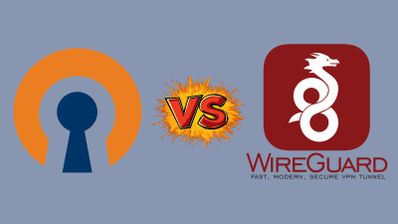 Logotipos de OpenVPN y WireGuard enfrentados con un gráfico de versus en el centro sobre fondo gris.