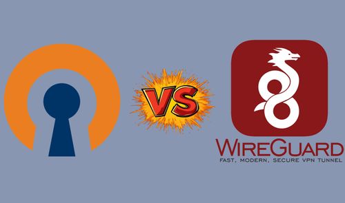Logotipos de OpenVPN y WireGuard enfrentados con un gráfico de versus en el centro sobre fondo gris.