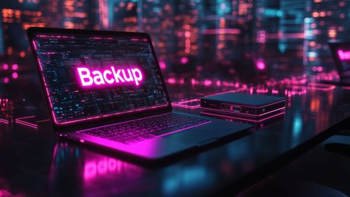 Ordenador portátil mostrando el texto Backup en pantalla junto a una unidad de almacenamiento externa en un entorno digital con luces de neón.