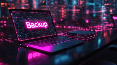 Ordenador portátil mostrando el texto Backup en pantalla junto a una unidad de almacenamiento externa en un entorno digital con luces de neón.