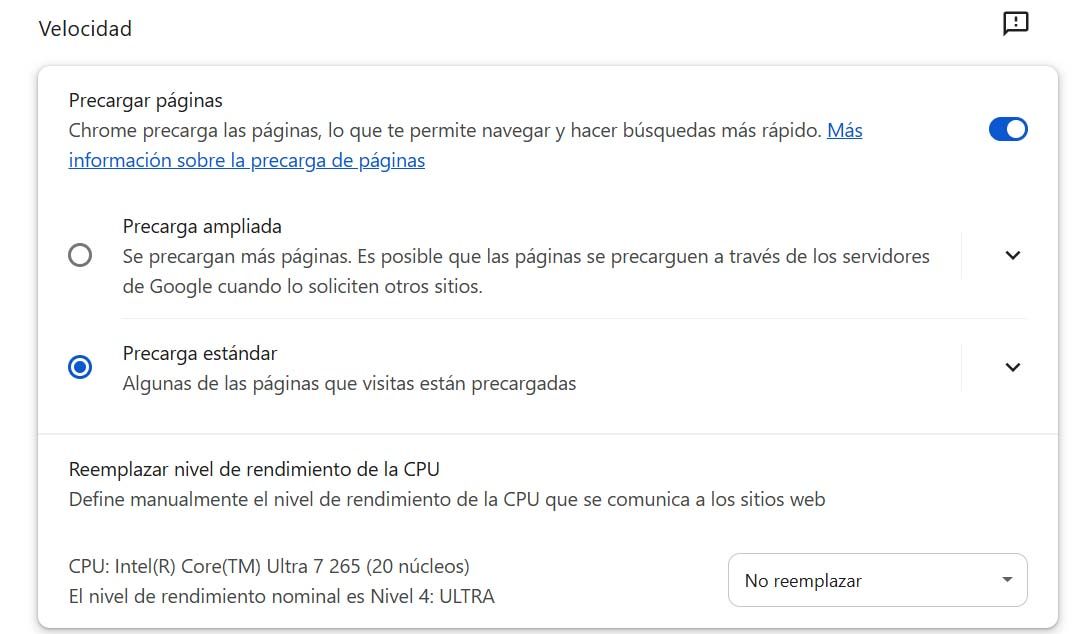 Panel de configuración de Chrome mostrando las opciones de precarga de páginas para mejorar la velocidad de navegación.