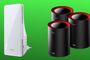 Comparativa visual entre un repetidor Wi-Fi blanco de pared y un kit de tres nodos para sistema mesh de color negro y rojo sobre fondo verde.