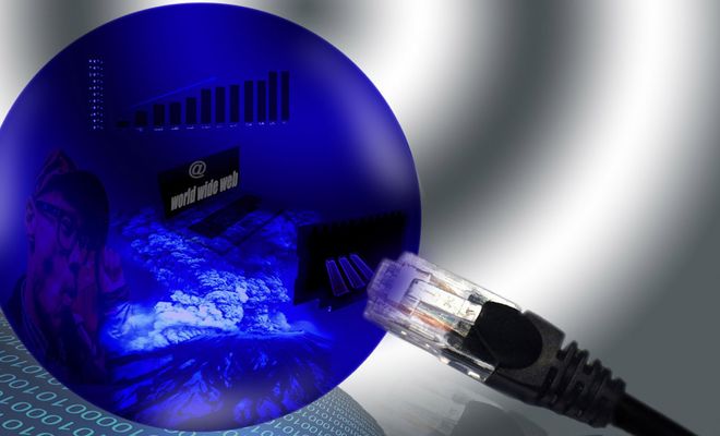 Ilustración conceptual de una esfera azul con gráficos de barras y código binario junto a un conector Ethernet.