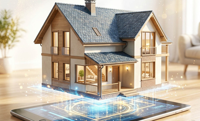 Maqueta de una casa de dos plantas que emerge de forma holográfica desde la pantalla de una tableta digital sobre un suelo de madera.