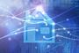 Icono de una casa rodeado de conexiones digitales y circuitos sobre fondo azul.