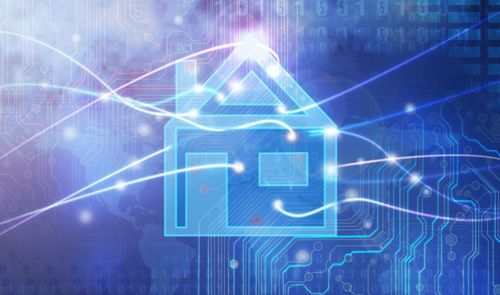 Icono de una casa rodeado de conexiones digitales y circuitos sobre fondo azul.