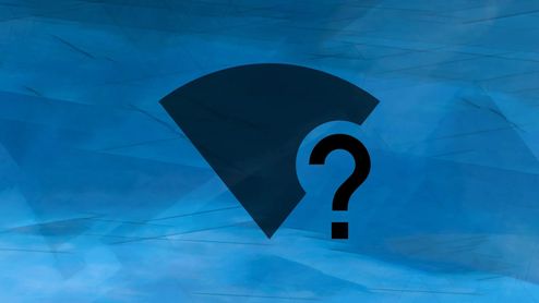Icono de señal Wi-Fi de color oscuro con un signo de interrogación superpuesto sobre un fondo abstracto azul.