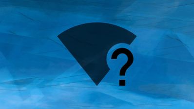 Icono de señal Wi-Fi de color oscuro con un signo de interrogación superpuesto sobre un fondo abstracto azul.