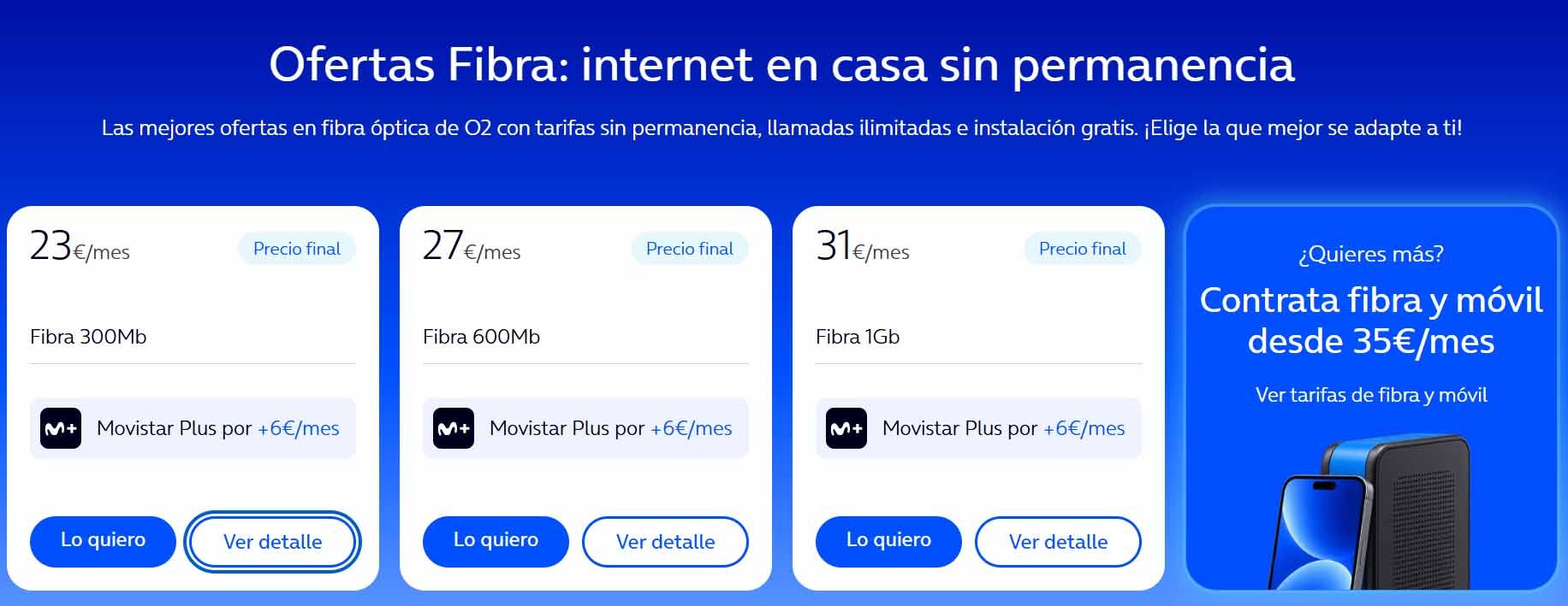 Comparativa de tarifas de fibra óptica de O2 con diferentes velocidades y precios mensuales.