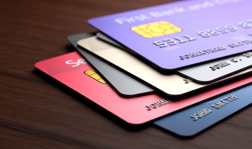 Primer plano de varias tarjetas bancarias de diferentes colores apiladas sobre una superficie de madera oscura.