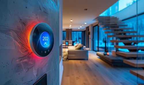 Termostato inteligente con pantalla circular iluminada instalado en la pared de un salón moderno.