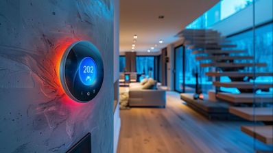 Primer plano de un termostato inteligente circular con retroiluminación naranja instalado en la pared de un salón moderno.