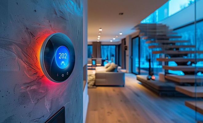 Primer plano de un termostato inteligente circular con retroiluminación naranja instalado en la pared de un salón moderno.