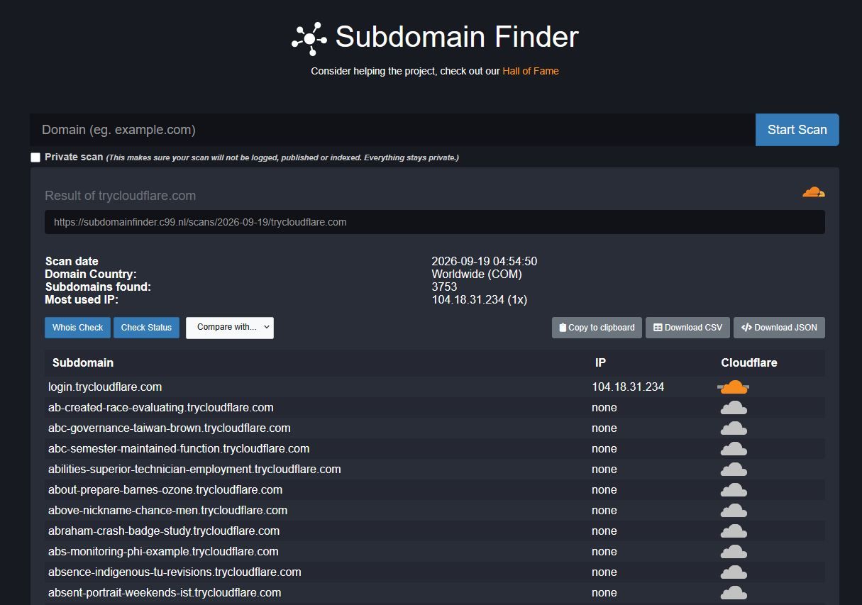 Interfaz de la herramienta Subdomain Finder con resultados del escaneo para el dominio trycloudflare.com.