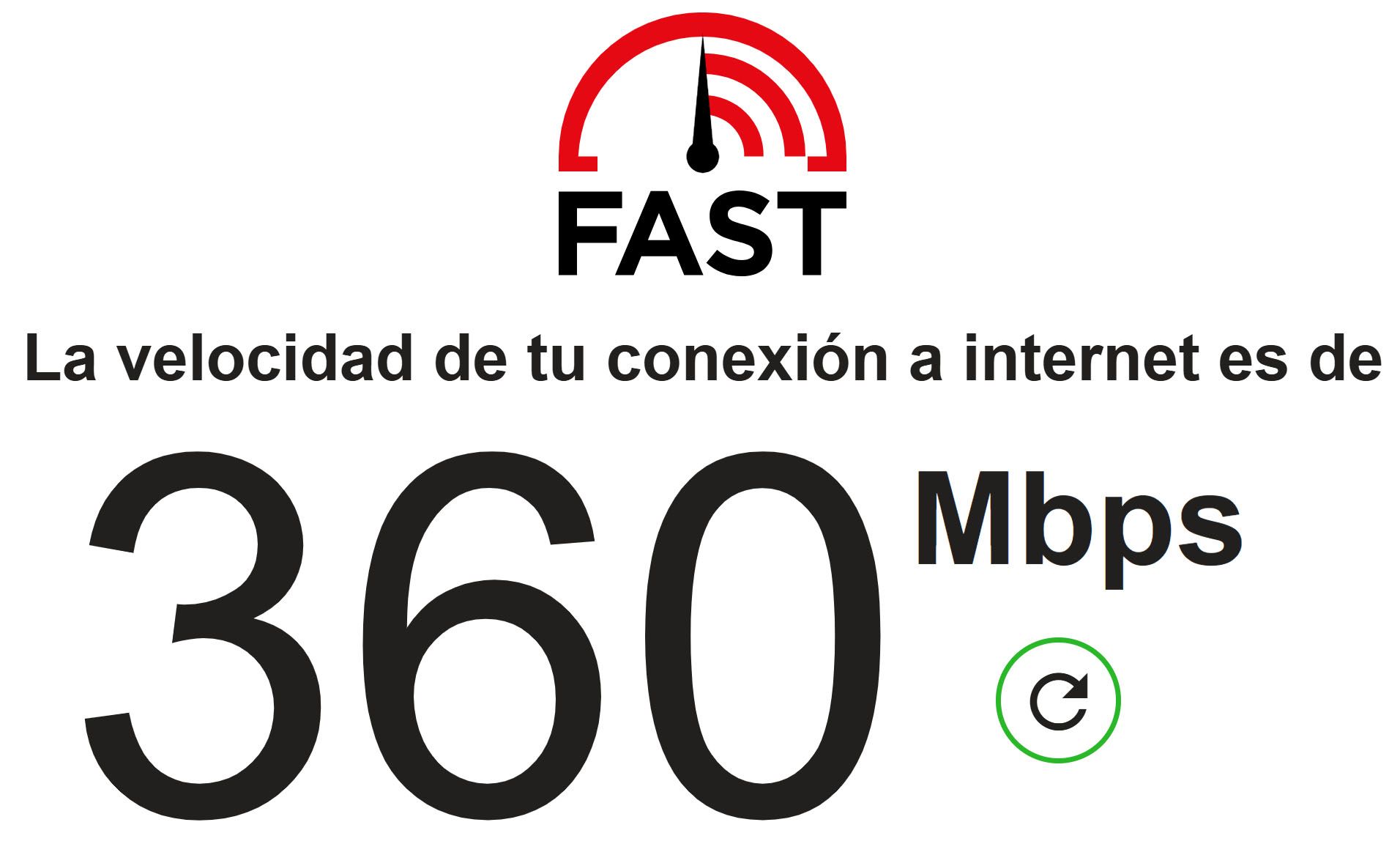 Interfaz del test de velocidad FAST mostrando un resultado de 360 Mbps de conexión a internet.