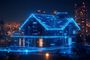 Representación digital de una vivienda con líneas de circuitos brillantes azules sobre un fondo nocturno de ciudad.