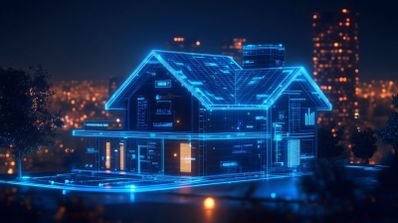 Representación digital de una vivienda con líneas de circuitos brillantes azules sobre un fondo nocturno de ciudad.