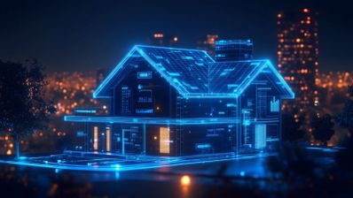 Representación digital de una vivienda con líneas de circuitos brillantes azules sobre un fondo nocturno de ciudad.
