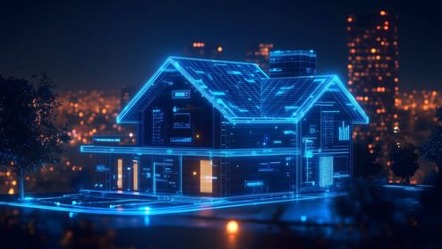 Representación digital de una vivienda con líneas de circuitos brillantes azules sobre un fondo nocturno de ciudad.