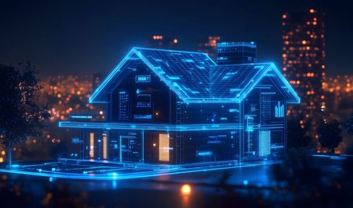 Representación digital de una vivienda con líneas de circuitos brillantes azules sobre un fondo nocturno de ciudad.