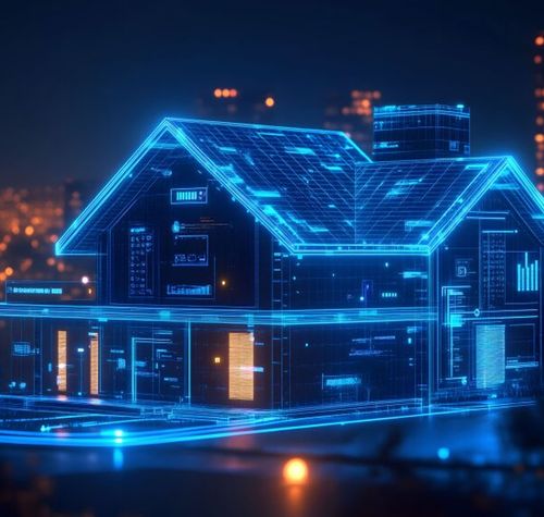 Representación digital de una vivienda con líneas de circuitos brillantes azules sobre un fondo nocturno de ciudad.