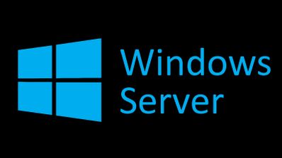 Logotipo de Windows Server en color azul claro sobre un fondo negro sólido.