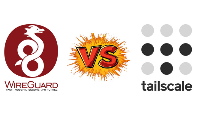 Logotipos de WireGuard y Tailscale enfrentados por un icono de VS sobre fondo blanco.