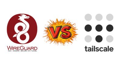 Logotipos de WireGuard y Tailscale enfrentados por un icono de VS sobre fondo blanco.