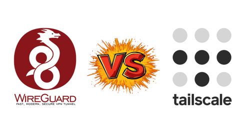 Logotipos de WireGuard y Tailscale enfrentados por un icono de VS sobre fondo blanco.