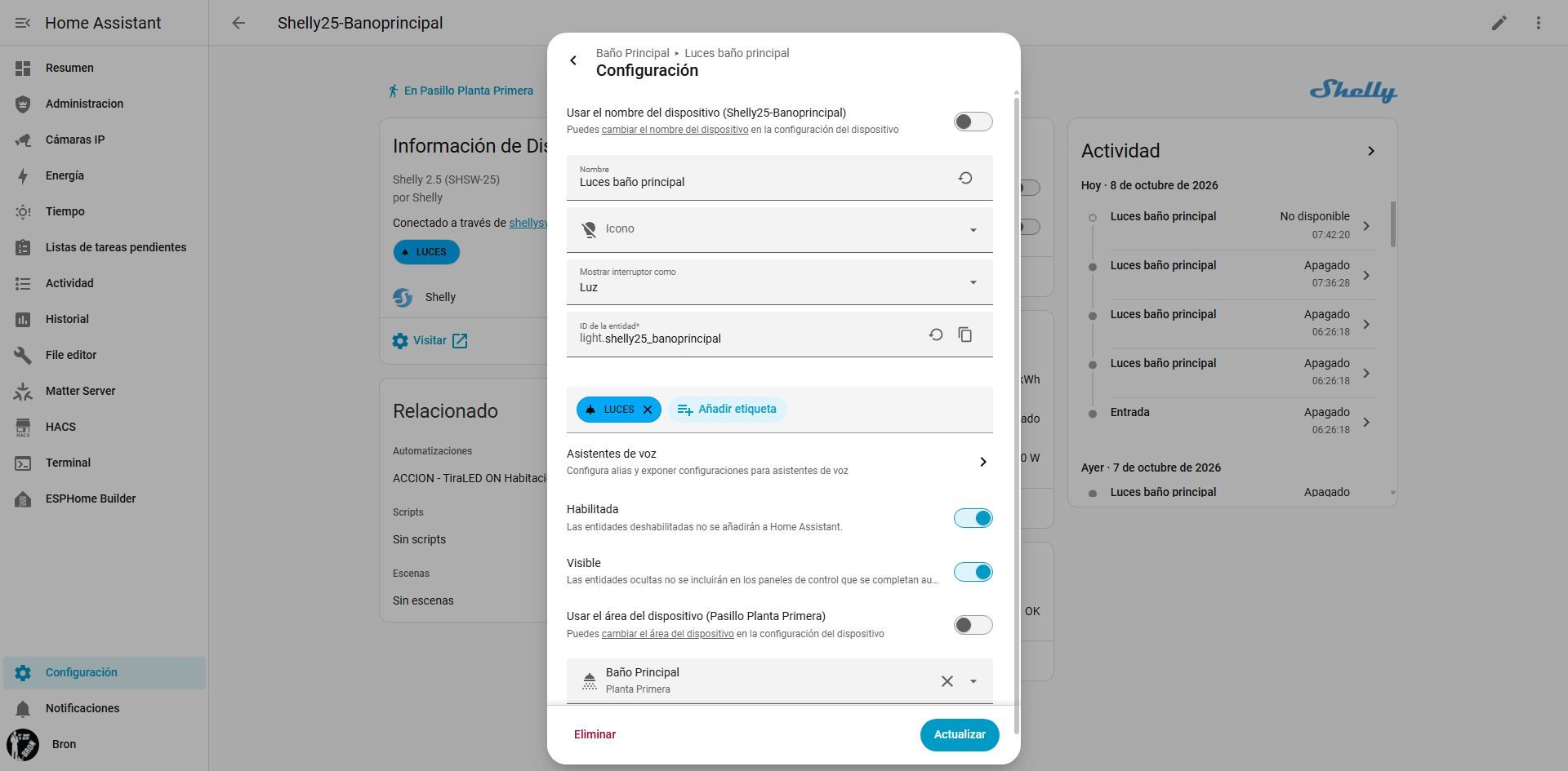 Panel de configuración de un dispositivo Shelly en la interfaz de Home Assistant.