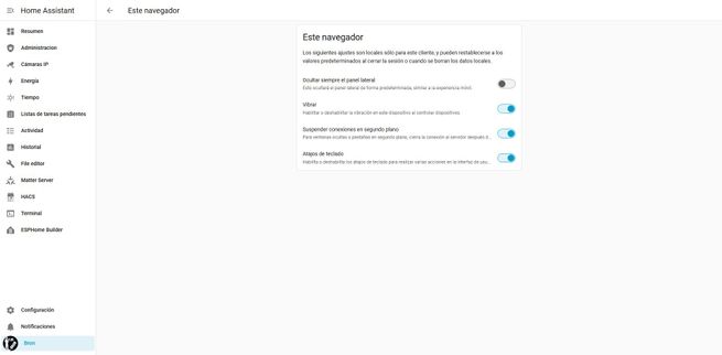 Menú de configuración local del navegador en la interfaz de Home Assistant con interruptores de funciones.