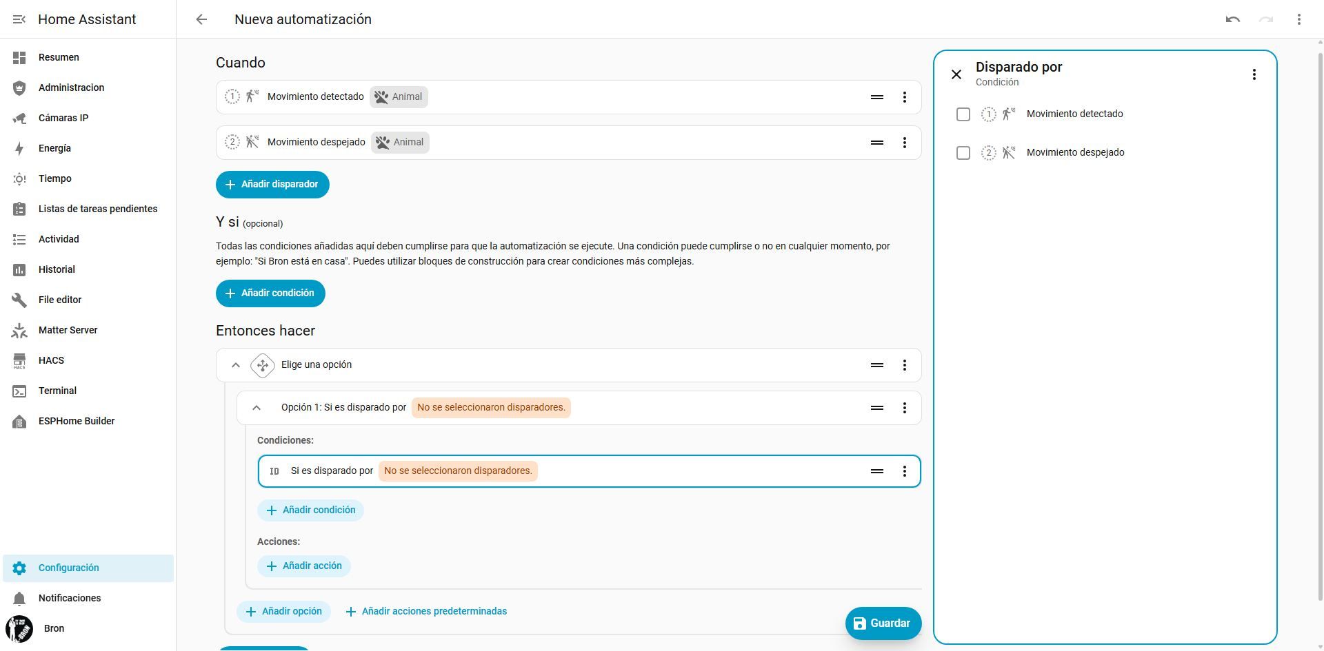 Panel de configuración de automatizaciones en la interfaz de Home Assistant.